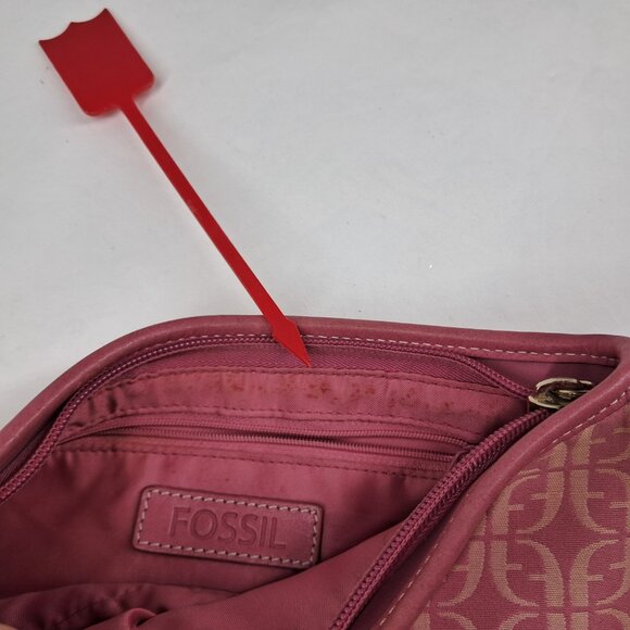 Vtg Fossil Pink Signature Jacquard Fabric Leather Trim Shoulder Demi Bag Purse - Picture 11 of 14